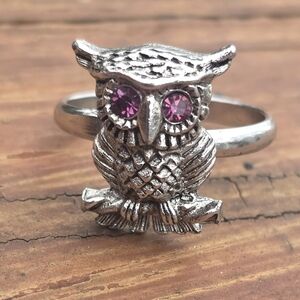 Silver Owl Adjustable Ring With Purple Rhinestone Eyes